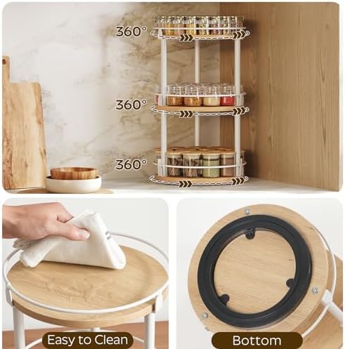YATINEY 3-Tier Lazy Susan Organizer, Rotating Spice Rack, Spinning Organizer, Industrial Turntable Spice Rack Organizer for Cabinet, Kitchen Countertop, Pantry, White and Natural SR23WN