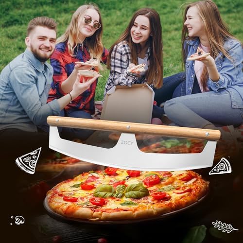 Pizza Cutter Rocker with Wooden Handles & Protective Cover by ZOCY, 16" Sharp Stainless Steel Pizza Slicer Wheel, Big Pizza Knife Cutters for Kitchen Tool (16inch)