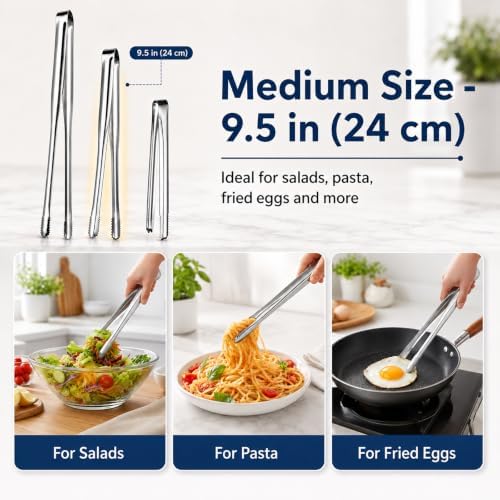 Stainless Steel Kitchen Tongs Set of 3, 6-11.5in Non-Slip Silver