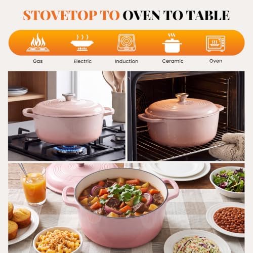 Sweetcrispy 6 Qt Enameled Cast Iron Dutch Oven Pot with Lid, Pink