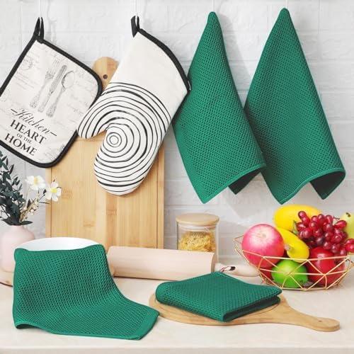 Homaxy 100% Cotton Waffle Weave Kitchen Dish Cloths 8-Pack, Dark Green