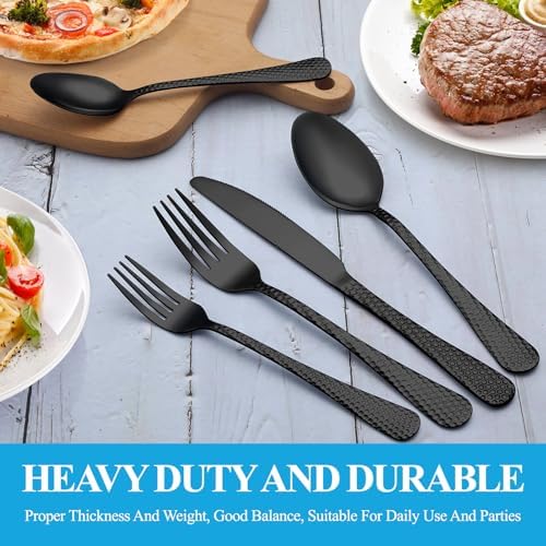 60 Pcs Black Hammered Silverware Set Service for 12,Stainless Steel Flatware Set,Mirror Polished Cutlery Utensil Set,Durable Kitchen Eating Tableware Set,Include Fork Knife Spoon Set,Dishwasher Safe