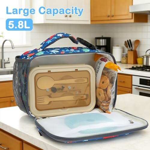FlowFly Kids Lunch box Insulated Soft Bag Mini Cooer Back to School Thermal Meal Tote Kit for Girls, Boys,Dinosaur