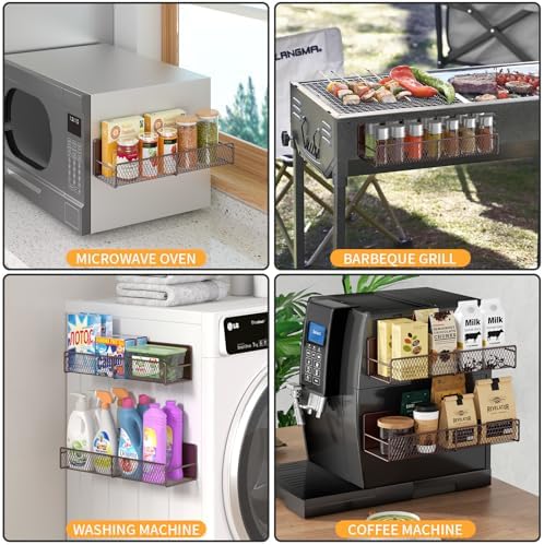 DTUQYX Magnetic Spice Rack for Refrigerator, 4 Pack 100% Metal Strong Magnet Fridge Shelves, Space Saving Spice Organizer, No Drilling Moveable Home Kitchen Laundry Room Storage Organization, Brown