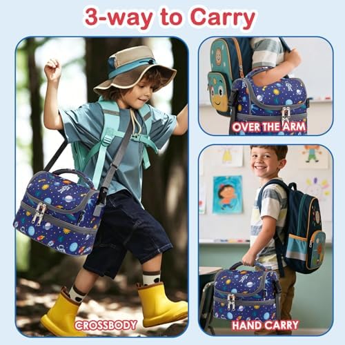 FlowFly Kids Double Decker Cooler Insulated Lunch Bag Large Tote for Boys, Girls, Men, Women, With Adjustable Strap, Astronaut