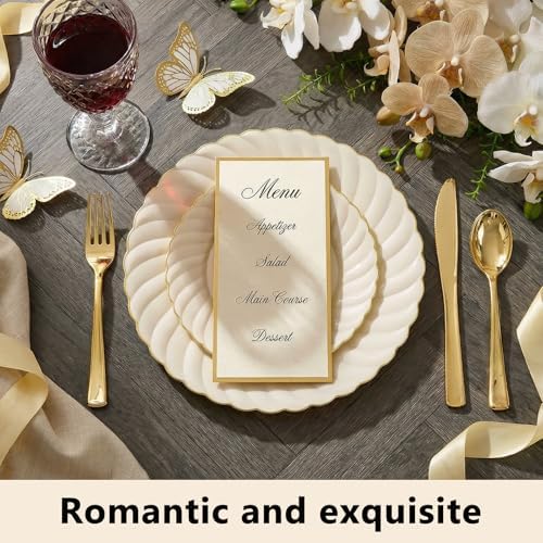 YOUBET 125PCS Ivory Scalloped Plastic Plates for Party Wedding