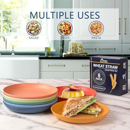 HOTEC 8-Pack 8inch Deep Plastic Plates,Multicolor