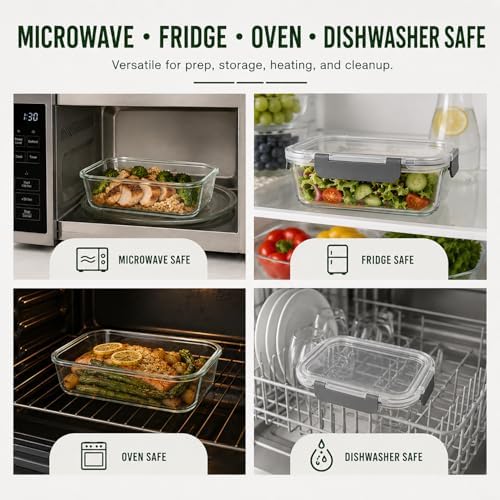5 Pack 36oz Borosilicate Glass Food Storage Containers Set with Lids, Freezer Meal Prep Containers, Airtight Bento Lunch Container Set, Oven, Freezer and Dishwasher Safe, BPA Free, Kitchen Storage Set