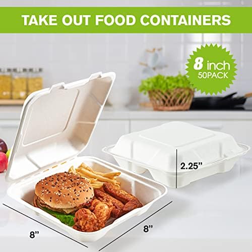 ECOLipak 50 Pack Compostable Clamshell Take Out Food Containers, 8 inch