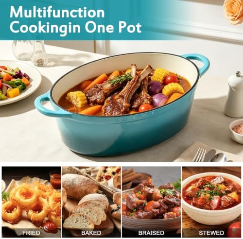 Enameled Dutch Oven Pot with Lid, 7 QT Cast Iron Dutch Oven with Dual Handles, Oval Dutch Oven for Cooking, Bread Baking, Frying, Non-stick Enamel Coated Oven (Blue-Green)