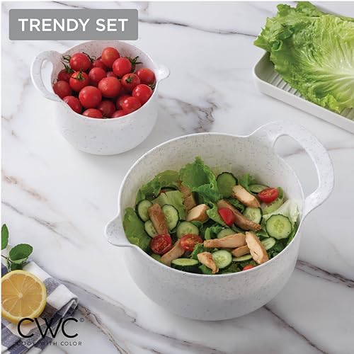 COOK WITH COLOR Nesting Plastic Mixing Bowl Set with Pour Spouts and Handles, Speckled White, 6 Piece Non-Slip