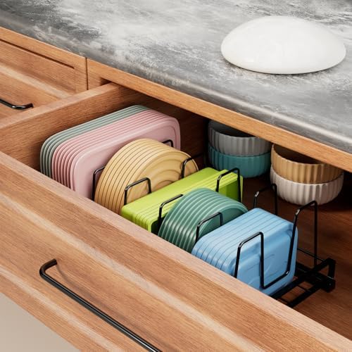 Food Container Lid Organizer Rack with Adjustable 6 Dividers, Black