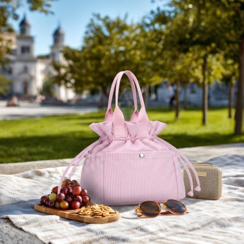Yarnic Lunch Bag Women Insulated Reusable Lunch Box (Pink Stripes)