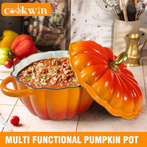 Pumpkin Enameled Cast Iron Dutch Oven with Lid, 4.5 QT Heavy Duty and Dual Handles Pot, Serves 3-5 and Oven Safe for Bread Baking, Braising, Cooking Soup and Family Gifts, Orange