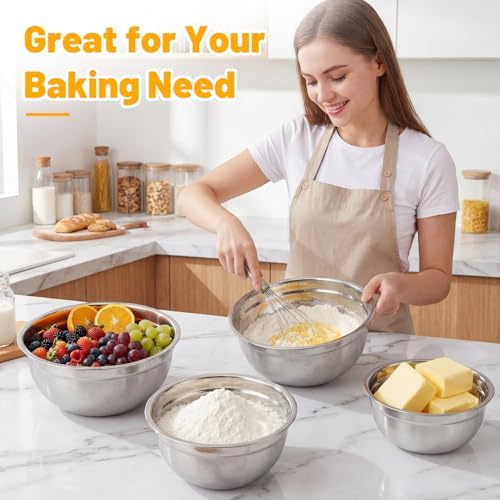 Beasea Stainless Mixing Bowls Set of 3, 4 QT Stainless Steel Nesting Mixing Bowls with Lids, Stackable Baking Bowl with for Kitchen, Food Prepping, Salad and Serving