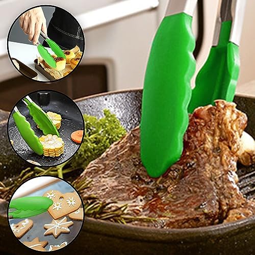7 Inch Small Serving Tongs with Silicone Tips 3 Pack(Green)