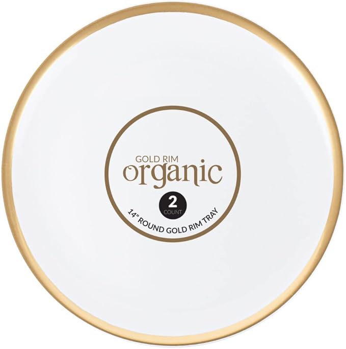 Blue Sky Organic Tray Gold Rim (2 ct) - 14" Round White Plastic Disposable Serveware with Elegant Gold Trim - Perfect for Parties and Events (Pack of 3)