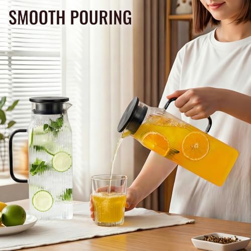 2 Pack 2 Liter/68 oz Square Glass Pitcher with Lid, Classic Stripes Water Pitchers with Handle for Fridge, Large Jug for Iced Tea, Coffee, Borosilicate Glass Carafe for Hot/Cold Brew Drink, Black