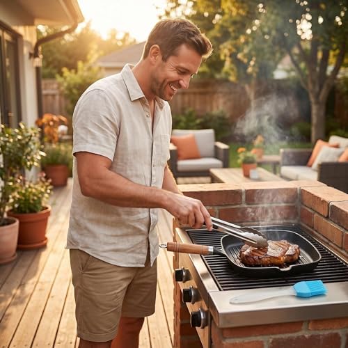 Cast Iron Grill Pan, 8.6 inch Griddle Pan Skillet with Pour Spout & Wooden Handle
