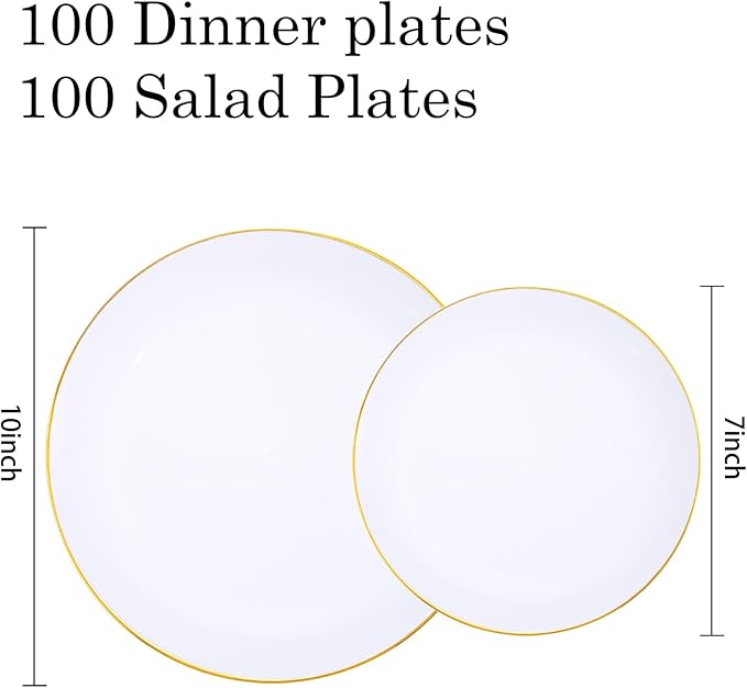 KIRE 200PCS Gold Plastic Plates - Disposable Plates for Party - White Plastic Plates with Gold Rim Include 100 for Dinner and 100 for Dessert/Salad in Wedding/Party/Spring/Ramadan