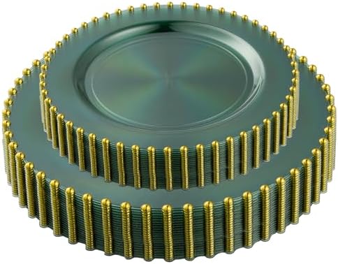 PLASTICPRO 64 Piece Combo Plastic Dinner Plates Disposable Plastic Fancy Heavy Duty Party Dishes 7 inch and 10 inch, Translucent Green and Gold Beaded