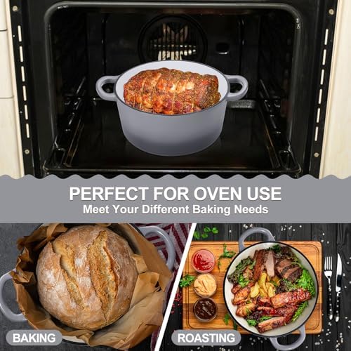 P&P CHEF 5QT Enameled Dutch Oven, Dutch Oven Pot for Bread Baking, Grey