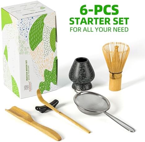 TEANAGOO Matcha Whisk Set,Bamboo Matcha Whisk (100 prongs) with Black Holder,6-PCS Traditional Starter Set,Scoop (Chashaku),Bamboo Chasen for Making Latte,Ceremony Accessory,Gife for Friend/Family