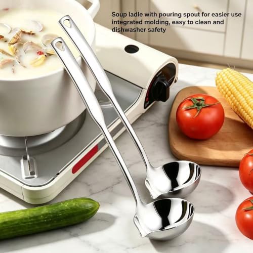Soup Ladle 304 Stainless Steel Heavy Duty Ladle with Pour Spout Gravy Ladle for Serving, Cooking, Soups, Sauces, Stews and More, 11.8 inch
