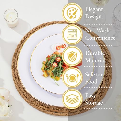 Nervure 100PCS White with Gold Rim Plastic Plates, 7.5″ Disposable Plates