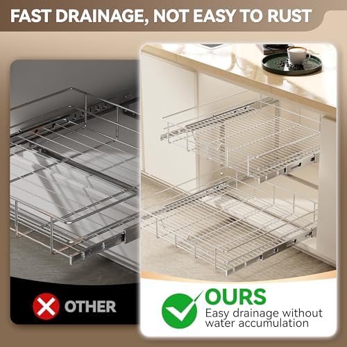 2 Tier Pull Out Cabinet Organizer 24" W X 22" D, Chromed, Full Slide Out