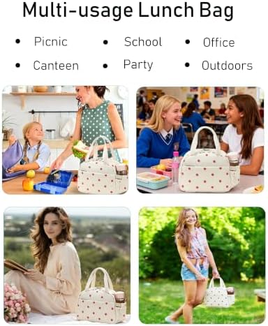 Lunch Box Lunch Bag Insulated Lunchbox Cute Reusable Lunch Tote bags for School Work Picnic for Kids Girls Women (Beige Strawberry)
