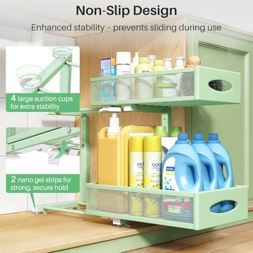 Under Sink Organizer, 2 Tier Pull out Cabinet Organizer Baskets with Mesh Sliding Drawers, Slide out Storage Shelf for Home, Kitchen, Bathroom, Pantry, Office Cabinet(1 Pack, Green)
