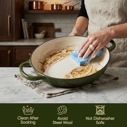 3 Quart Enameled Cast Iron Braiser, Non Stick Enameled Cast Iron Skillet with Lid, Dutch Oven Skillet with lid up to 500°F for Oven, Stove, Grill, Shallow Dutch Oven for Cook, Bake (Golden Green)