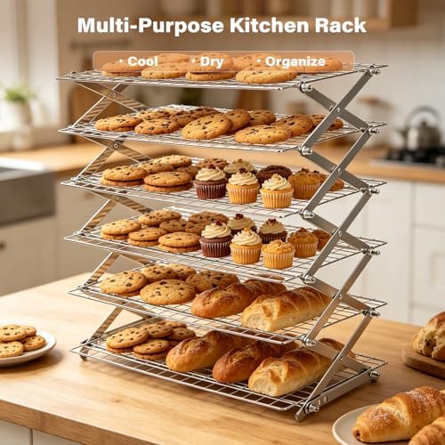 6 Tier Upgraded Collapsible Cooling Rack with Adjustable 3 Setting Design, Stackable Baking Rack with Clean Brush, Roasting Cooking Drying Wire Cooling Rack for Cookies Baking Roasting & Grilling