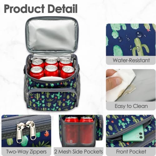FlowFly Insulated Reusable Lunch Bag Adult Large Lunch Box for Women and Men with Adjustable Shoulder Strap,Front Zipper Pocket and Dual Large Mesh Side Pockets,Cactus