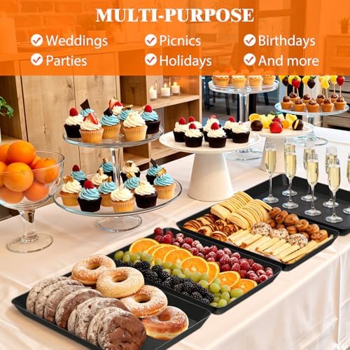 SpaceTrove 8-Pack Serving Tray Set, Reusable Plastic Serving Platter for Party Supplies, Entertaining, Grilling Accessories, Stackable Kitchen Snack Container for Dessert, Fruit, Cookie, (Black)