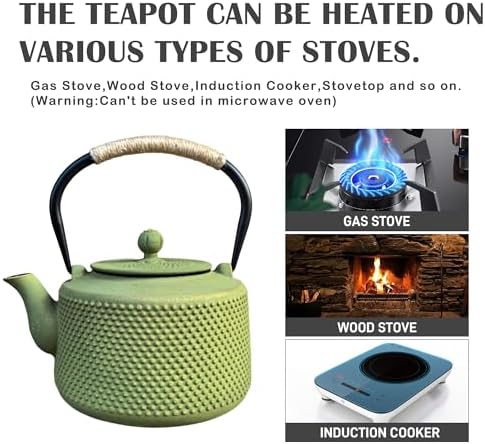 Tea Kettle, 54oz Large Green Cast Iron Teapot for Stovetop, Tea Pot