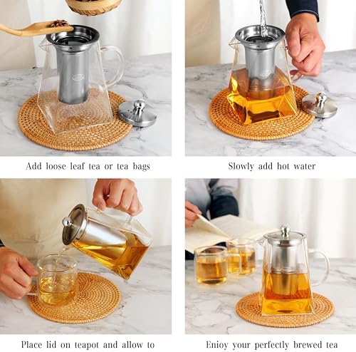 CNGLASS Glass Teapot with Infuser,31oz Clear Glass Tea Kettle with Removable Stainless Steel Strainer,Stovetop Safe Glass Teapot for Blooming and Loose Leaf Tea…
