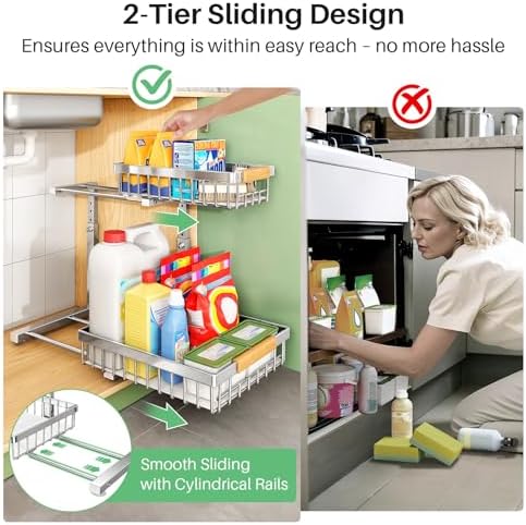 Kitstorack Under Sink Organizer, 2 Tier Under the Sink Storage, Slide out Pull out Cabinet Organizer Shelf, Metal Sliding Drawer for Kitchen Bathroom Pantry Closet Organization Rack, Silver, 1 Pack
