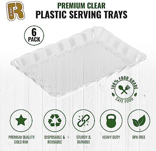 6 Pack Clear Plastic Serving Trays for Party, 9 x 13 Inch - Heavy Duty Plastic Trays for Food - Rectangular Party Serving Trays and Platters - Clear Disposable Trays
