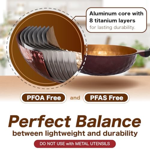 Diamond X Premium Non Stick Wok Pan - 11" Large Flat Bottom Chinese Wok - Woks & Stir-fry Pans Nonstick - Titanium-Coated 8-Layered Korean Engineered Skillet for Frying, Oil-Free, PFOA-Free
