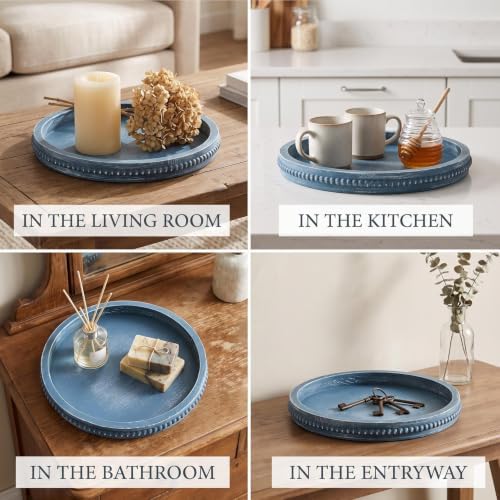 Hrastany Round Blue Wood Decorative Tray for Coffee Table Centerpiece