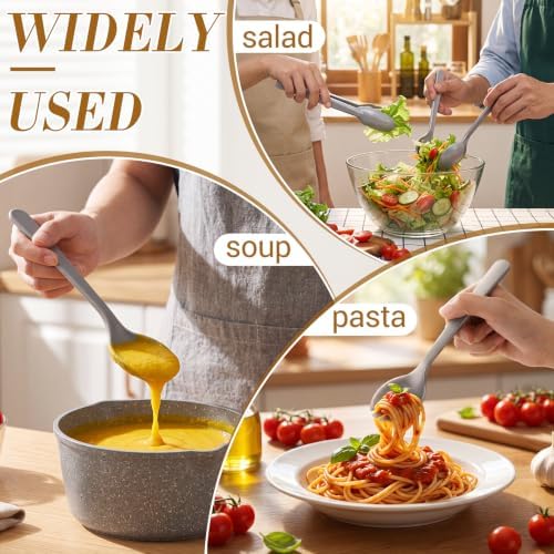 FoldTier 18 Pcs Disposable Plastic Serving Utensils Set Silver Serving Spoons Forks Tongs, Disposable Utensils for Party Weddings Birthday Dinner Buffets Banquets