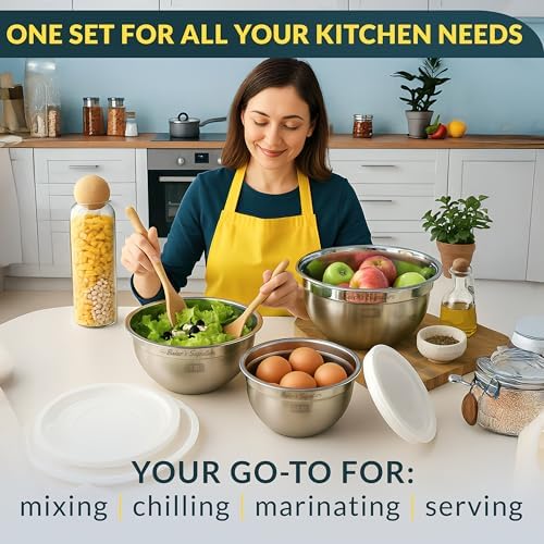 Stainless Steel Mixing Bowls with Lids Set of 3, Nesting Metal, 1.5/3/5 Qt