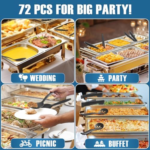 Reusable Plastic Serving Utensils Set of 72, Wheat straw Large Serving set 10" Serving Spoons/10" Slotted Spoons/9.4" Tongs, for Party Chafing Dish Buffet Catering (Black, Not for Cooking)