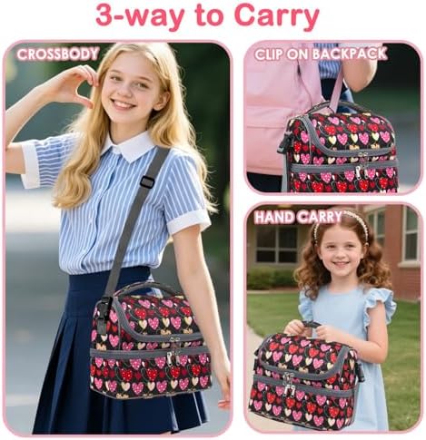 FlowFly Double Decker Cooler Insulated Lunch Bag Large Tote for Boys, Girls, Men, Women, With Adjustable Strap,Heart