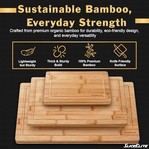 SliceElite Bamboo Cutting Board Set of 3 Wooden Cutting Boards for Kitchen with Juice Grooves Side Handles Bamboo Chopping Boards for Meat Vegetables Fruit Bread Charcuterie Meal Prep Serving Tray Set