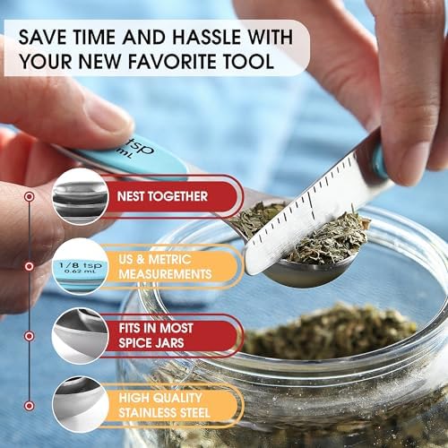 Spring Chef Stainless Steel Magnetic Measuring Spoons Set of 8, Aqua Sky