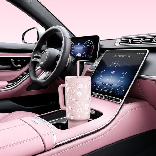 Meoky UV Color-Changing Tumbler: 40 oz Tumbler with Handle and Straw- Stainless Steel Insulated Tumbler for Car Cup Holders - Adults Women (1 Pack, Rose Manor)
