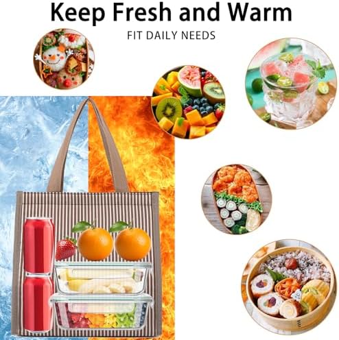 Insulated Lunch Bag for Work, 10.2"x5.9"x10.2" Oxford Waterproof Lunch Tote, Thermal Lunch Box for Office, Picnic & Outdoor, Pink and White Striped Canvas Tote Bag